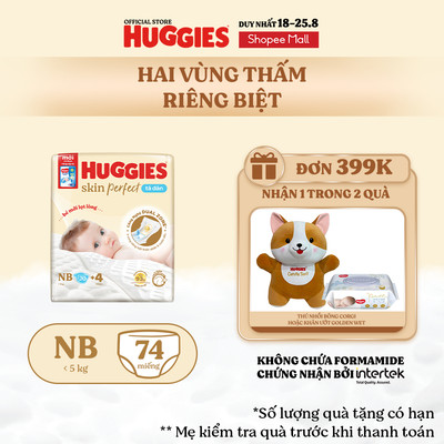 Tã/bỉm dán sơ sinh Huggies Skin Perfect NB70+miếng ngẫu nhiên với 2 vùng thấm giảm kích ứng da