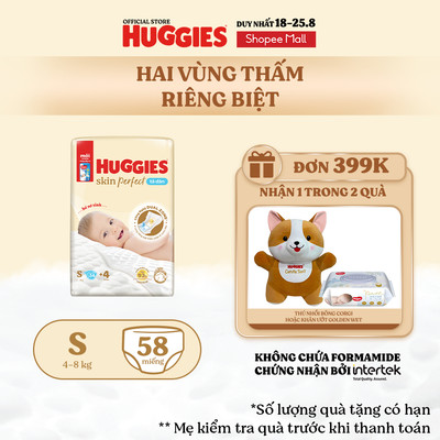 Tã/bỉm dán sơ sinh Huggies Skin Perfect S 54+4 miếng với 2 vùng thấm giảm kích ứng da