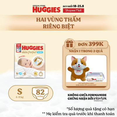 Tã/bỉm dán sơ sinh Huggies Skin Perfect S 80+2 miếng với 2 vùng thấm giảm kích ứng da