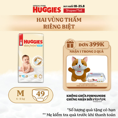 Tã/bỉm dán sơ sinh Huggies Skin Perfect M 46+3 miếng với 2 vùng thấm giảm kích ứng da