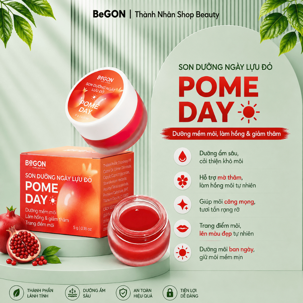 Son Dưỡng Ngày Lựu Đỏ Pome Day BeGON, Hỗ Trợ Mềm Môi, Giúp Làm Hồng & Cải Thiện Thâm Môi 5gr