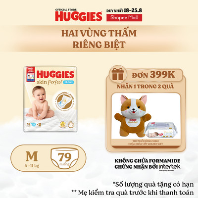 Tã/bỉm dán sơ sinh Huggies Skin Perfect M 76+3 miếng với 2 vùng thấm giảm kích ứng da