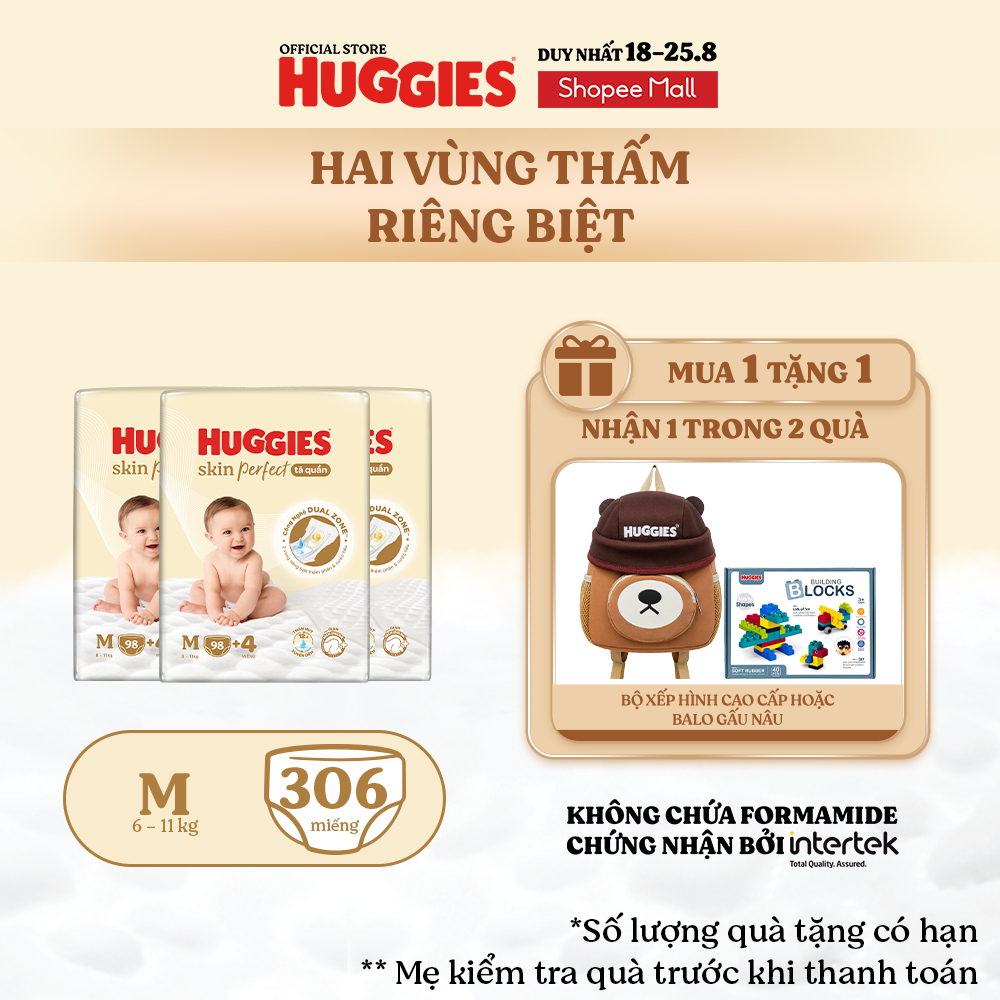 Combo 3 Tã quần Huggies Skin Perfect Mega Jumbo M98/ L88/ XL72/ XXL64 2 vùng thấm giảm kích ứng da