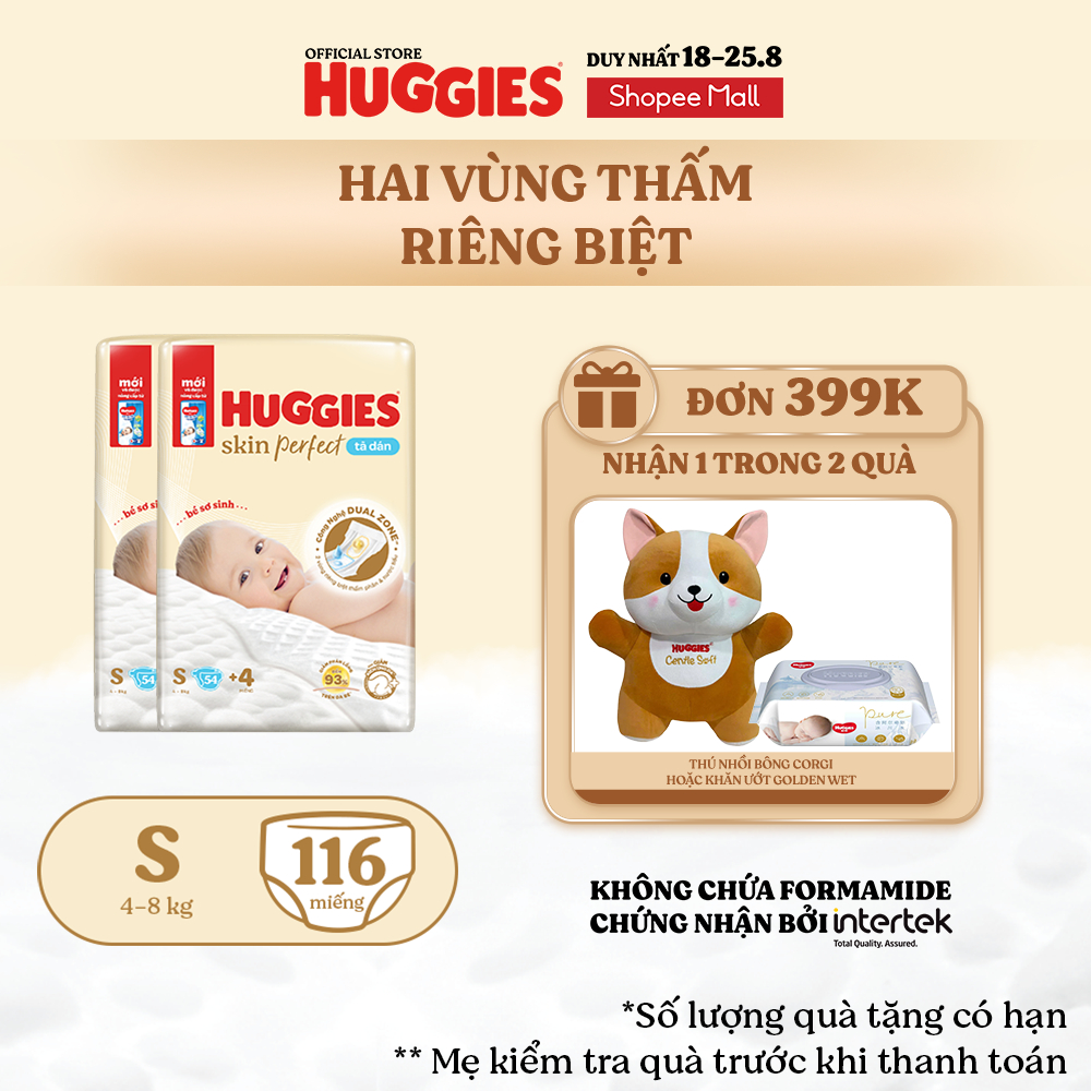 Combo 2 Tã/bỉm dán sơ sinh Huggies Skin Perfect S 54+4 miếng với 2 vùng thấm giảm kích ứng da