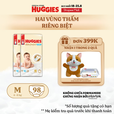 Combo 2 Tã/bỉm dán sơ sinh Huggies Skin Perfect M 46+3 miếng với 2 vùng thấm giảm kích ứng da