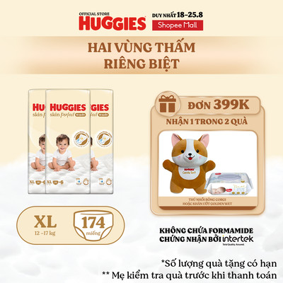 Combo 3 Tã quần Huggies Skin Perfect Super Jumbo M70+2/ L60+2/ XL52+6/ XXL48+6 miếng với 2 vùng thấm giảm kích ứng da