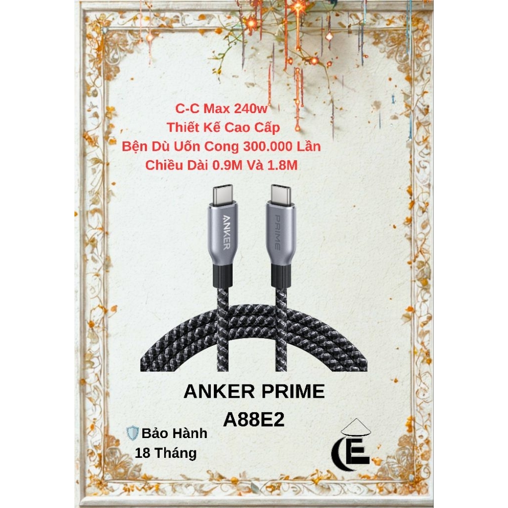 Cáp Sạc Nhanh Anker Prime 240w A88E2, C To C,  Bọc Dù, Bền Bỉ Mềm Mại - Bảo Hành 18 Tháng