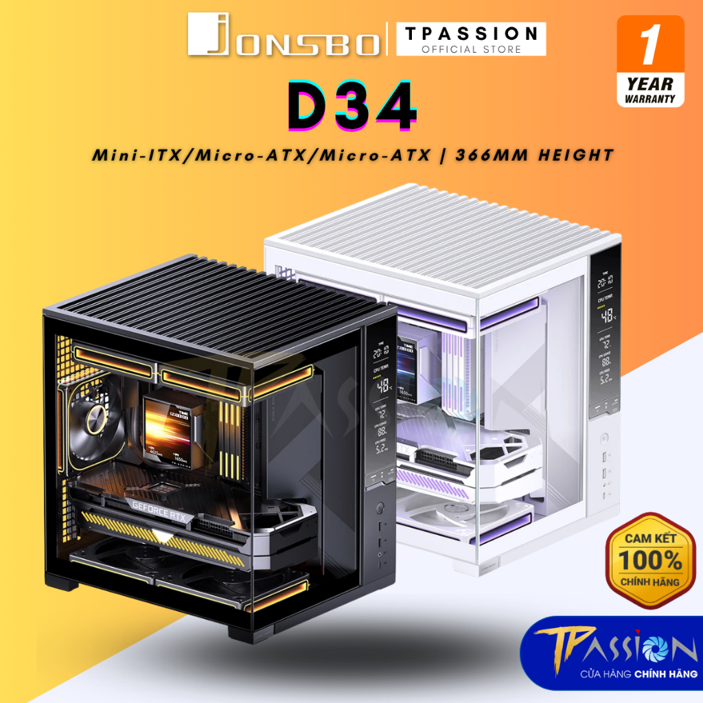 Vỏ case máy tính Jonsbo D34 Black / White có màn Digital LCD thông số - Chính hãng, MATX, ITX