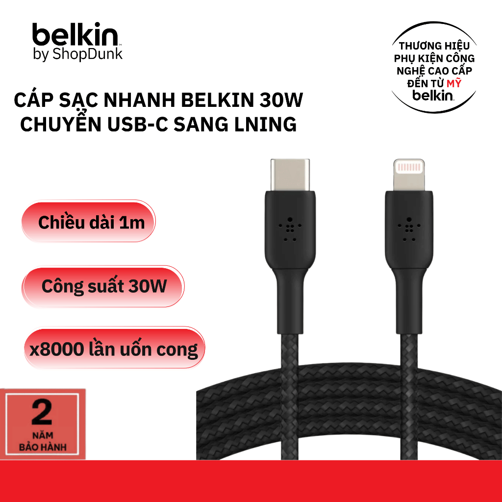 Cáp sạc nhanh Belkin 30W vỏ dù chuyển Type C sang LN màu trắng chính hãng