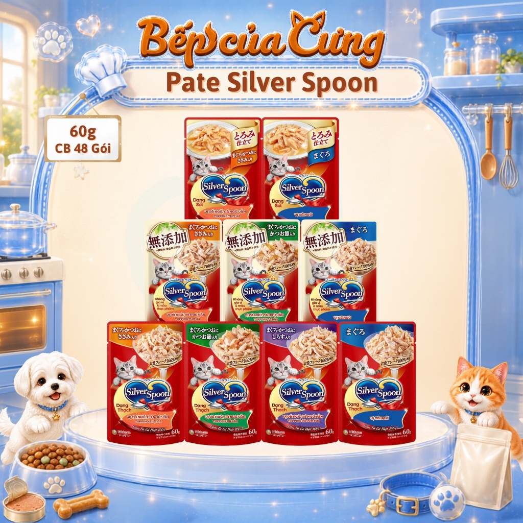 [ Combo 48 Gói ] Pate Silver Spoon Thức ăn ướt cho mèo Silver Spoon đủ vị 60g/gói