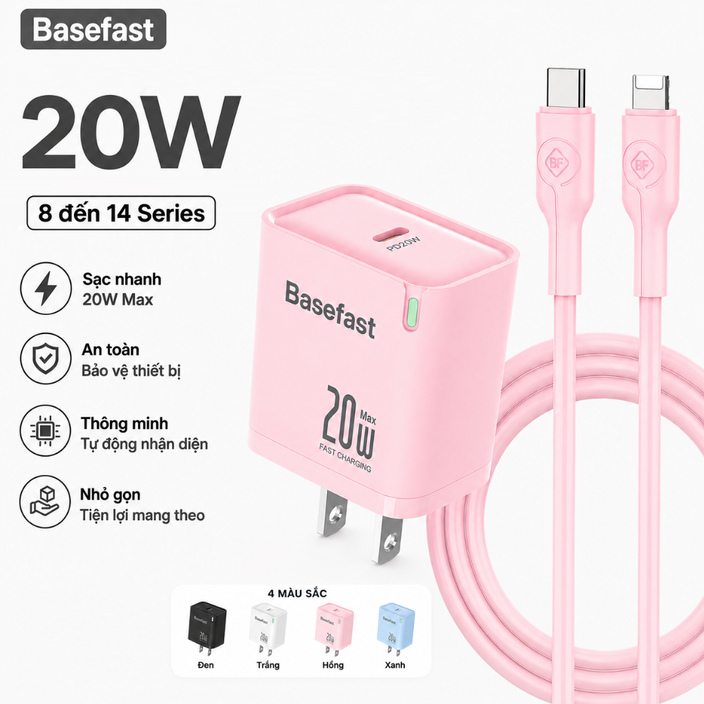 Bộ sạc nhanh 20W Basefast cho nhiều dòng iPhone Củ sạc PD20W dây silicon chống quá tải nhiệt