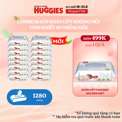 [KOL LIVE] Thùng 16 gói khăn ướt Huggies Tinh khiết (không mùi) cao cấp đa năng (80 miếng/gói)