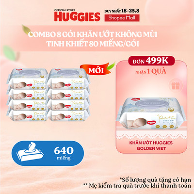 [KOL LIVE] Combo 8 gói khăn ướt Huggies Tinh khiết (không mùi) cao cấp đa năng (80 miếng/gói)