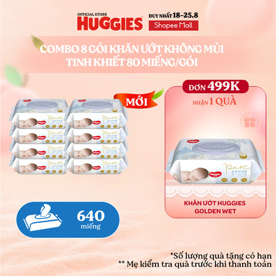 Combo 8 gói khăn ướt Huggies Tinh khiết (không mùi) cao cấp đa năng (80 miếng/gói)