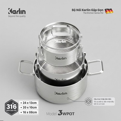 Bộ Nồi Karlin Thương Hiệu Đức 3WPOT, Inox 316, 5 Lớp Nguyên Khối, Size 16-20-24