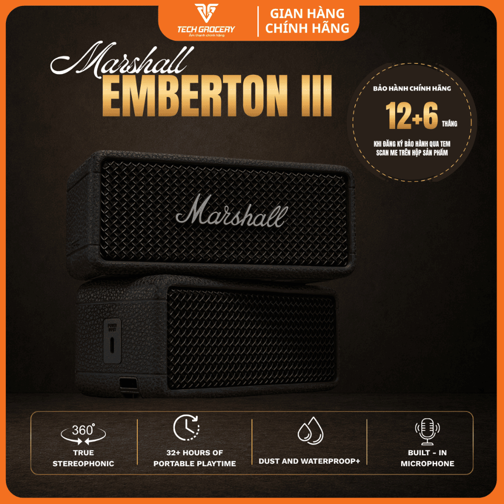 [ Emberton 3 ] Loa Marshall Bluetooth Emberton III - Thời lượng Pin lên đến 32h - Hành Chính Hãng AS