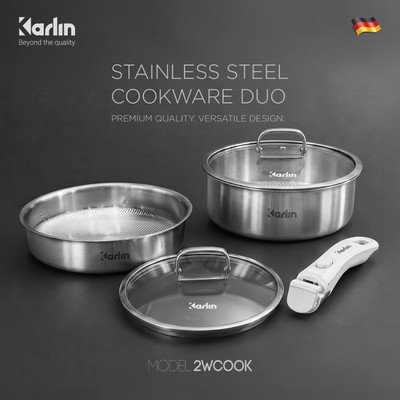 Bộ Nồi Chảo Inox Karlin Tay Cầm Rời Model 2WCOOK, Inox 316, 5 Lớp Nguyên Khối, Size 22-24