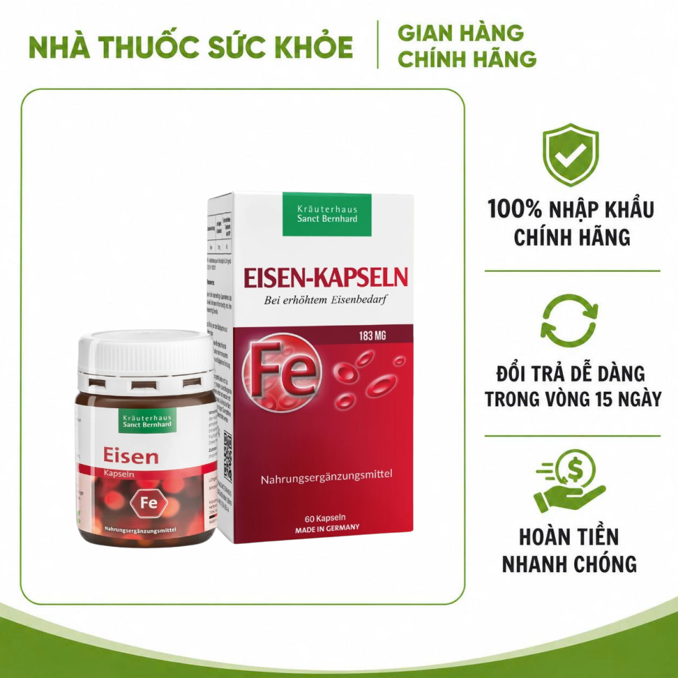 (Nhập Chính Hãng - Đủ VAT) Viên sắt hữu cơ Sanct Bernhard Eisen Kapseln 60 Viên- Bổ Sung Sắt, Hỗ Trợ