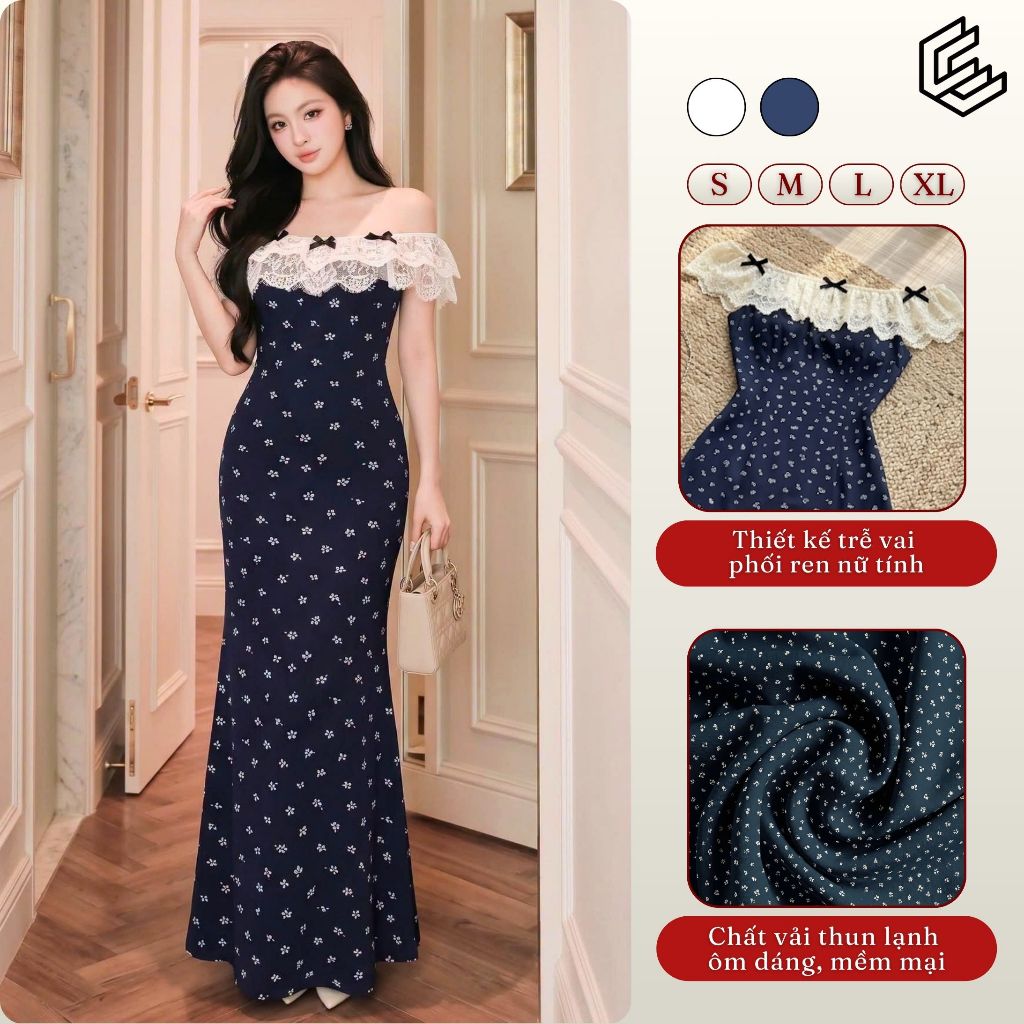 Đầm maxi đuôi cá hoa nhí trễ vai phối ren ngực ôm dáng EMILI DESIGN sang trọng, thanh lịch [V582]