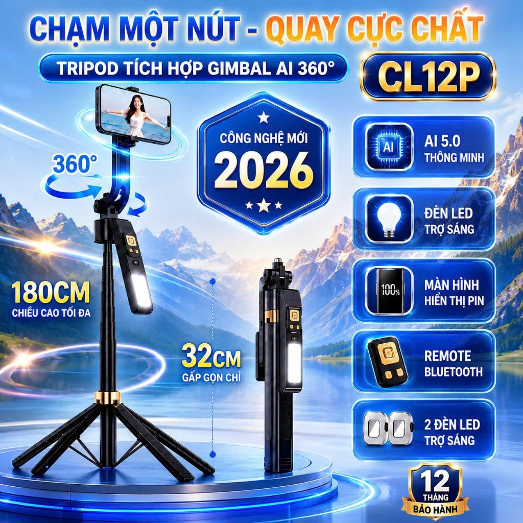 Gậy Chụp Ảnh Gimbal AI CL12-P 4 Chân, Tripod Xoay 360°, Theo Dõi Khuôn Mặt, Đèn LED, Có Remote