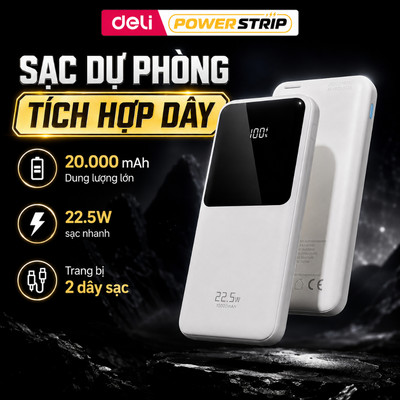 Sạc Dự Phòng DELI 20.000 mAh, Tích hợp cáp USB và Type C có thể cất gọn tiện lợi mọi lúc mọi nơi
