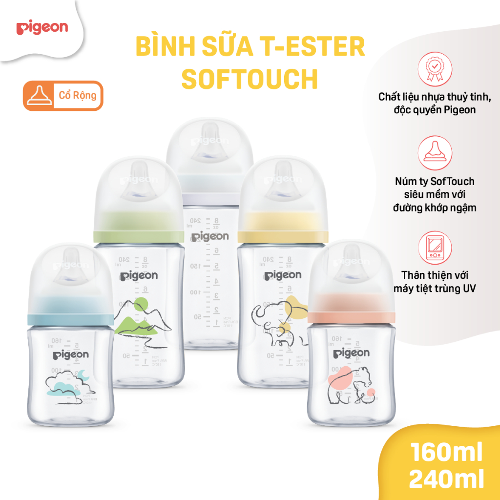 [T-ESTER SVIP] Bình sữa Pigeon cổ rộng núm ti siêu mềm chống sặc cho bé sơ sinh chính hãng