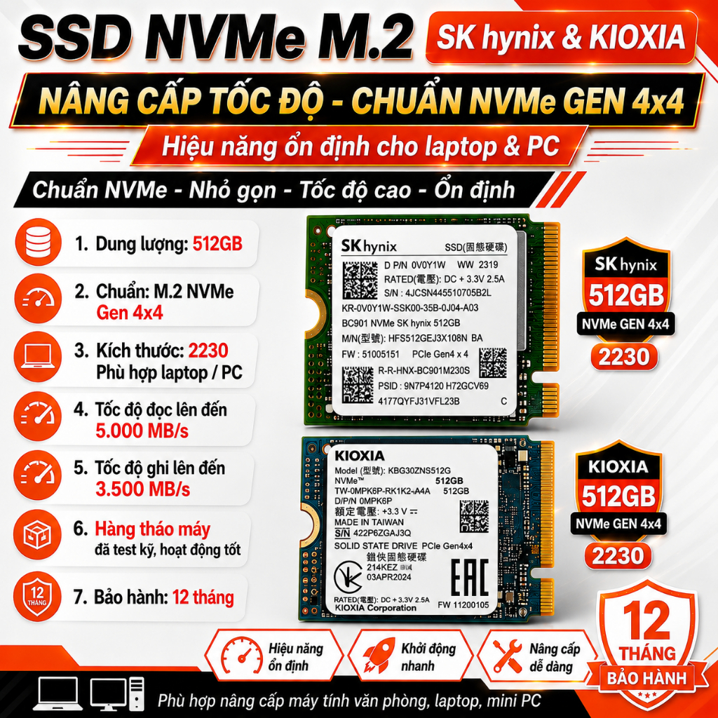 Ổ CỨNG SSD M2 NVME PCIE 2230 128G/256G/512G MICRON KIOXIA HYNIX WD...HÀNG THÁO MÁY