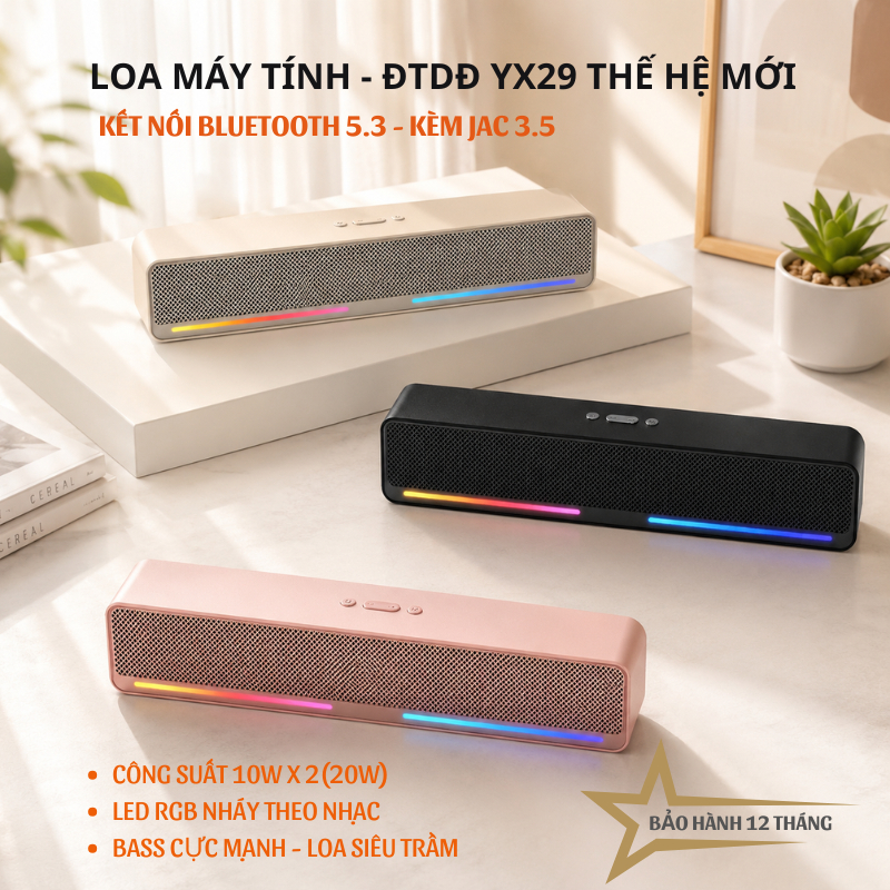 Loa Bluetooth Soundbar YX29, Công Suất 10W X 2 (20W) Bass Mạnh, Siêu Trầm, Ánh Sáng RGB, Kèm Jac 3.5