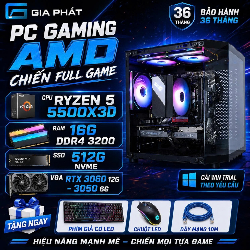 Pc Gaming AMD 5500X3D | Ram 16G | NVME 512G | VGA 3060 12G - 3050 6G | BH 36T - Chiến Full game