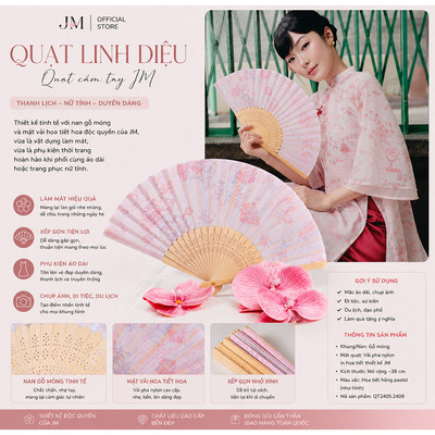 Quạt Cầm Tay Nữ Linh Diệu Nan Gỗ Mặt Vải Họa Tiết Hoa JM QT2405.2409. Quạt Phụ Kiện Thời Trang Chụp Hình Áo Dài, Đi Tiệc