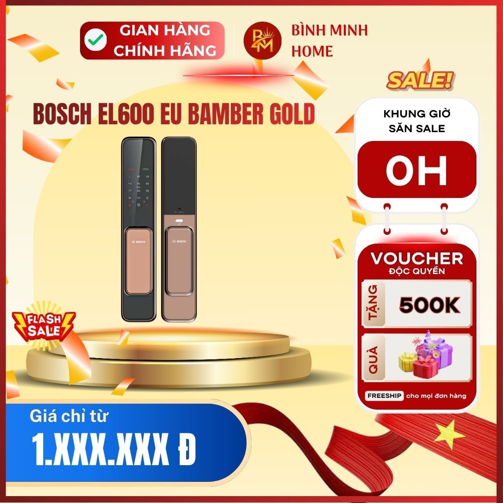 Khóa vân tay BOSCH EL600 EU Amber Gold kính cường lực, kết nối App điều khiển, mật khẩu ảo 32 ký tự.