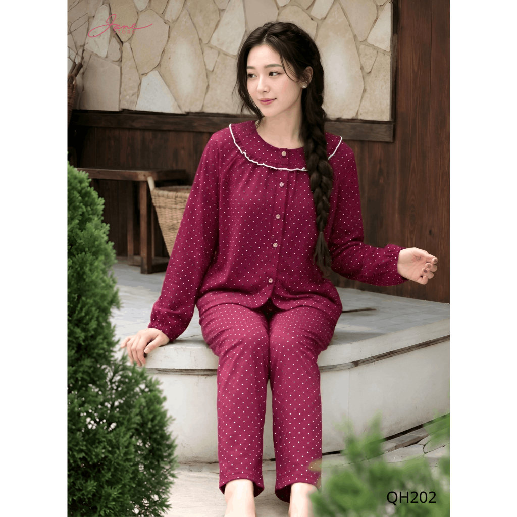 [JANE STORE] Set Đồ Bộ Nữ Dài Chấm Bi - Đũi Nhẹ, Mềm Thoải Mái QH20