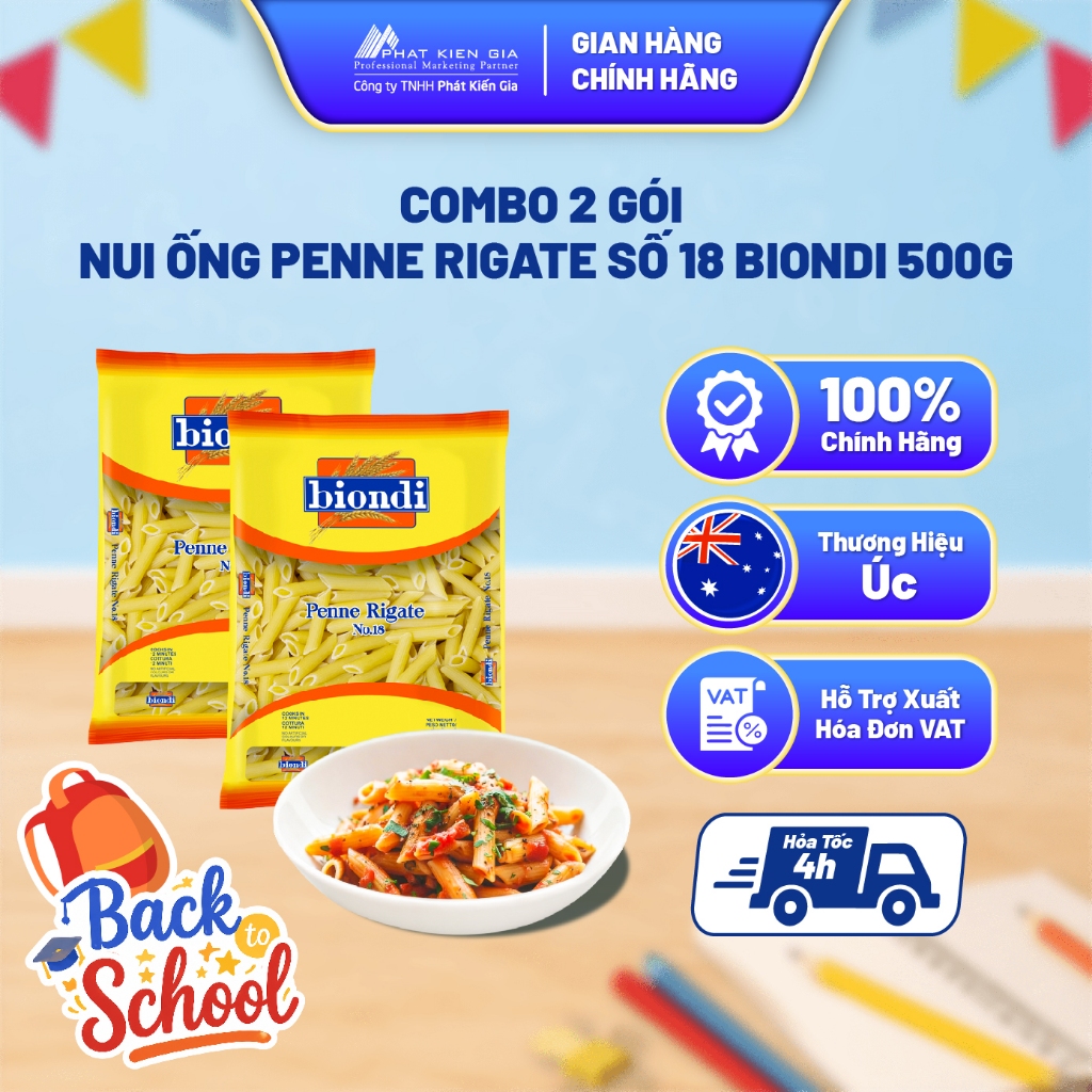 COMBO 2 Gói Nui Ống Penne Rigate Số 18 Biondi 500g | Biondi Penne Rigate No.18 500g
