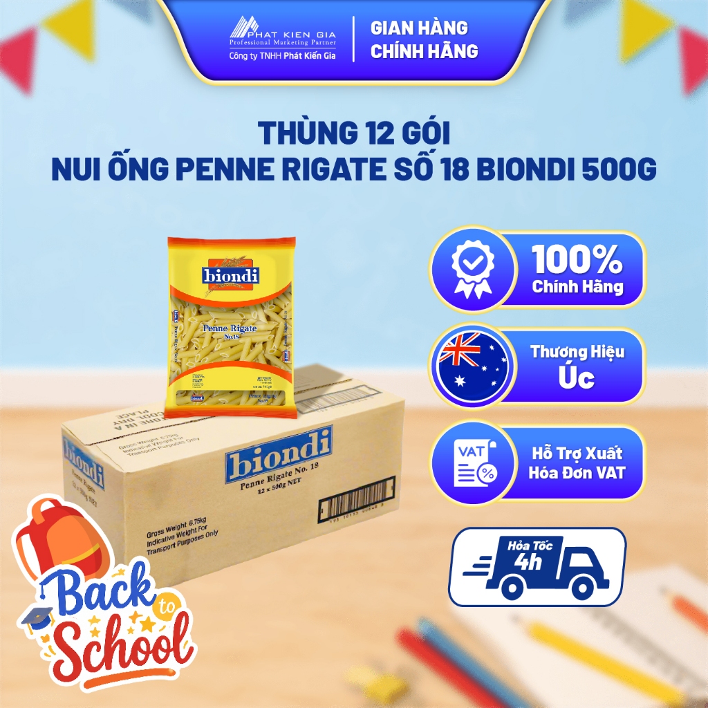 Thùng 12 Gói Nui Ống Penne Rigate Số 18 Biondi 500g | Biondi Penne Rigate No.18 500g