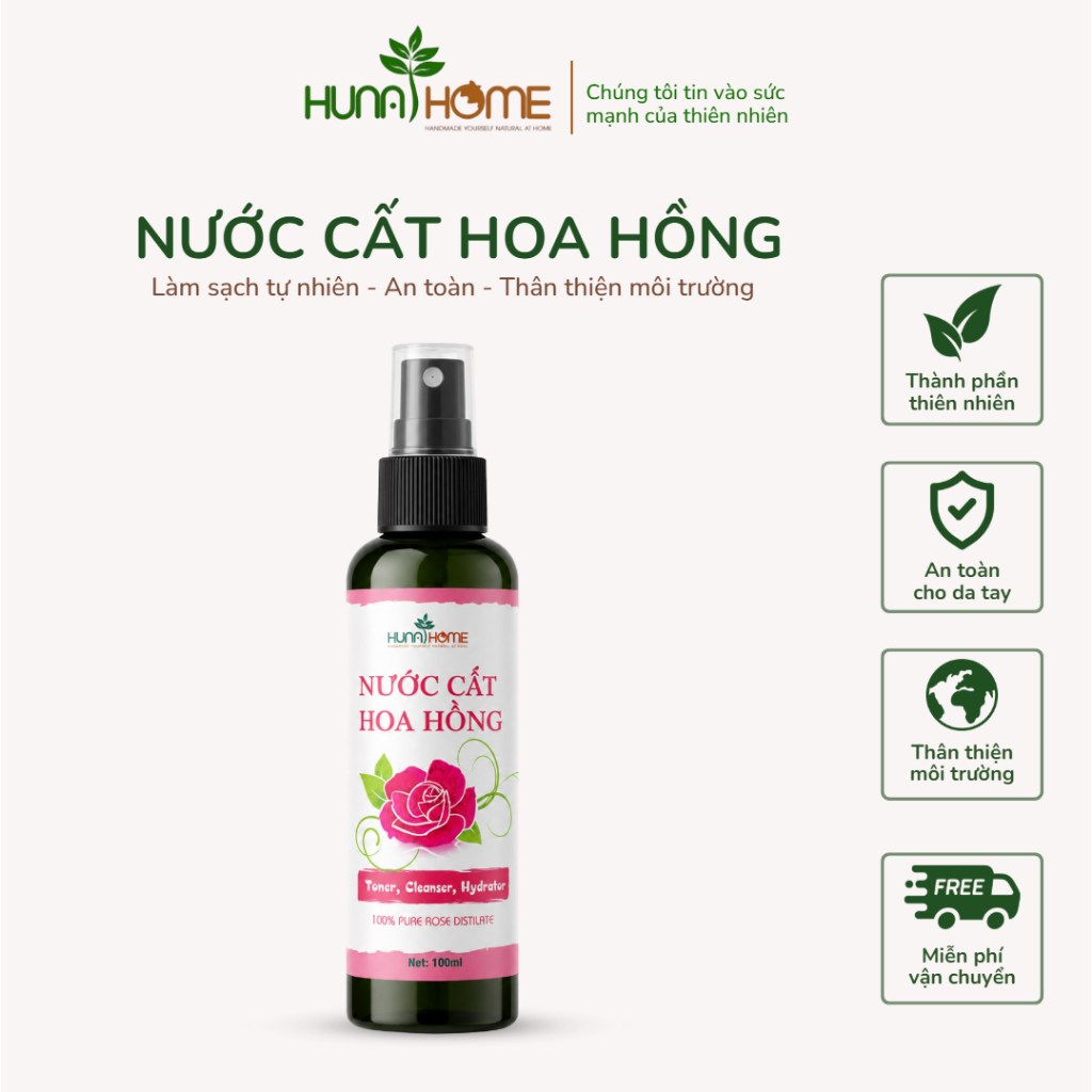 Nước Hoa Hồng Chiết Xuất 100% Hoa Hồng Giúp Cấp Ẩm, Phù Hợp Nhiều Loại Da Chai 100ml - HUNA HOME