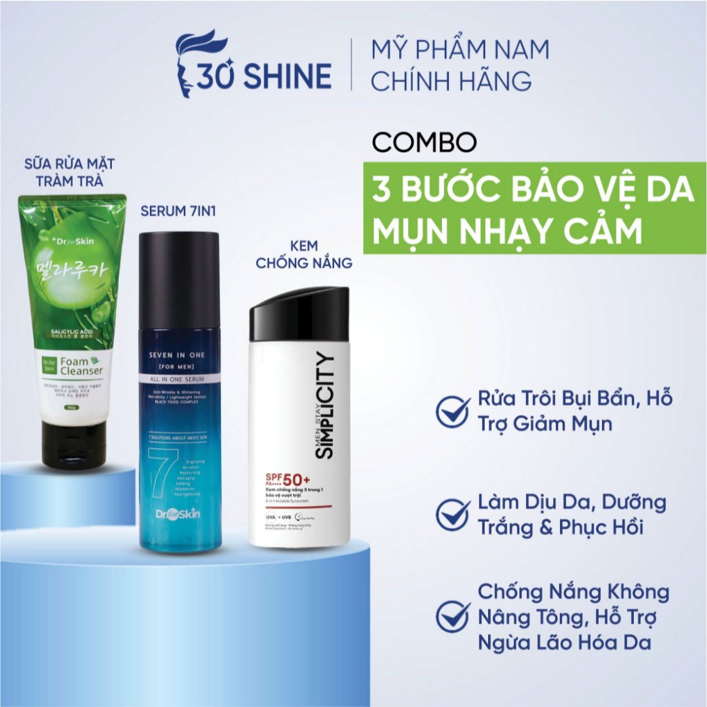 Combo 3 Bước kiềm dầu/sáng đều màu gồm: SRM tràm trà + Serum 7in1 Dr.FORSKIN + Kem chống nắng Simpli