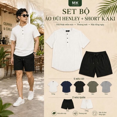 Bộ sưu tập Sơ Mi Đũi Henley + Quần short kaki Excool MKCLEVER set bộ nam thoáng mát, form dáng thoải mái, trẻ trung