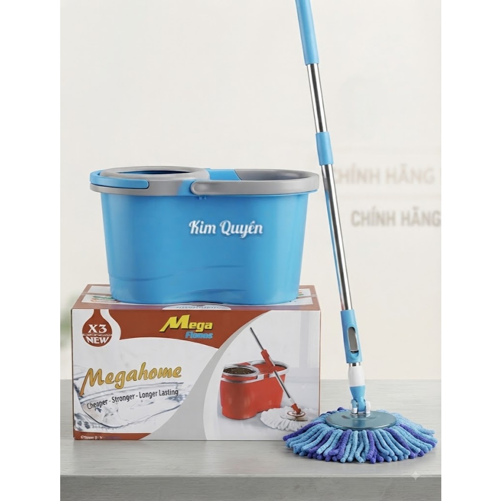Bộ thùng lau nhà Megahome X3 NEW xoay 360 lồng inox- cây, mâm inox