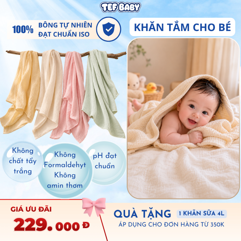 Khăn tắm cho bé sơ sinh Tef store khăn ủ tắm quấn bé 4 lớp muslin bông tự nhiên 100x100cm mềm mại, t