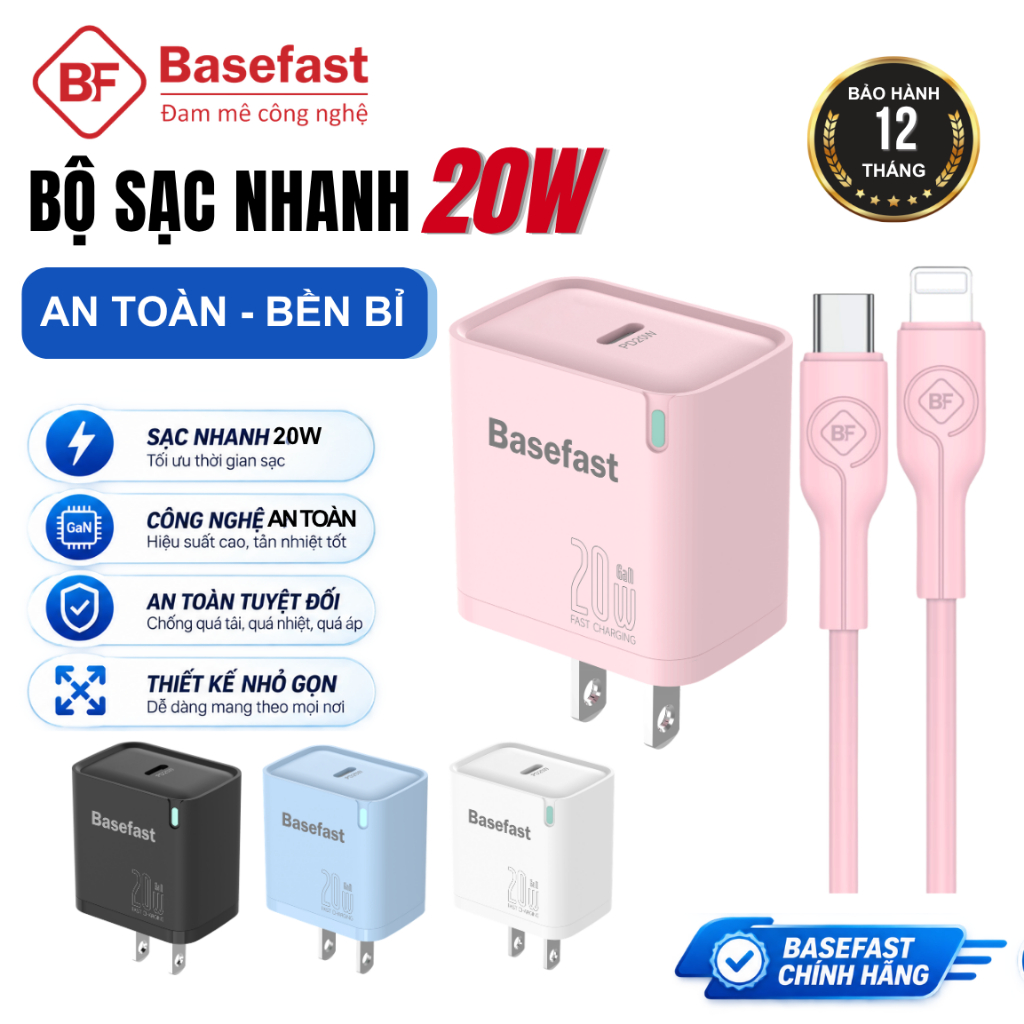 Bộ sạc nhanh 20W 30W C to LN Basefast Củ GaN kèm dây silicon chống quá nhiệt cho 11 12 13 14promax