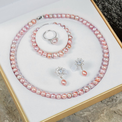 Bộ Trang Sức Ngọc Trai Màu Hồng Phấn Charm Bạc 925 Sang Trọng Làm Quà Tăng, Dự Tiệc - Ngọc Trai Trường Thịnh