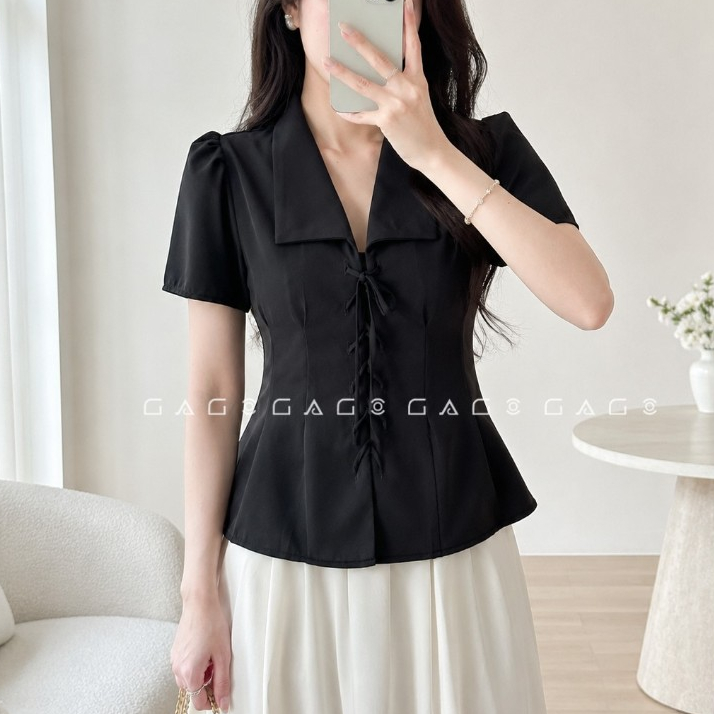 *[BEST SELLER] Áo Sơ Mi Piazma Nữ GAGO Brand Thanh Lịch Dây Đan Chéo Bigsize Vải PREMIUM Màu Kem Đen