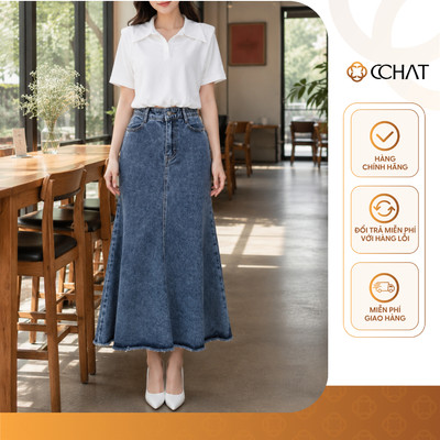 Chân Váy 𝐂𝐂𝐇𝐀𝐓 Dáng Suông Đuôi Cá Ria Có Túi Chéo Chất Liệu Jeans Cao Cấp 26CDJ2072CT