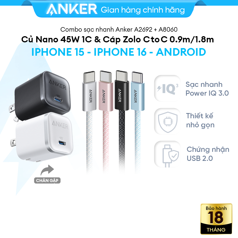 [LIVE] Combo sạc nhanh Anker cho iPhone 15-17/Samsung - Củ Nano 45W & cáp dù Zolo 240W - A2692 + A80