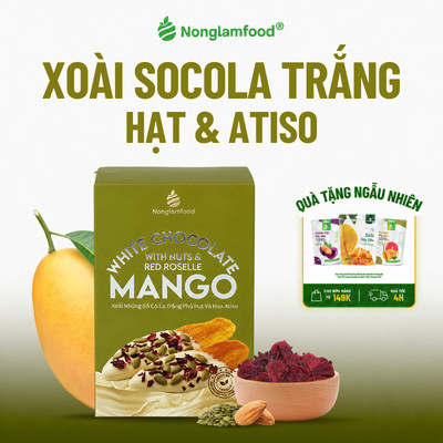 Xoài Sấy Dẻo Nhúng Socola Trắng Phủ Hạt Và Hoa Atiso NONGLAMFOOD Trái Cây Sấy, Đồ Ăn Vặt Hộp 120g
