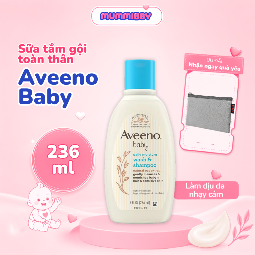 [Tặng ví đa năng] Aveeno Baby Daily Moisture Wash and Shampoo 236ml Sữa tắm gội toàn thân Aveeno bab