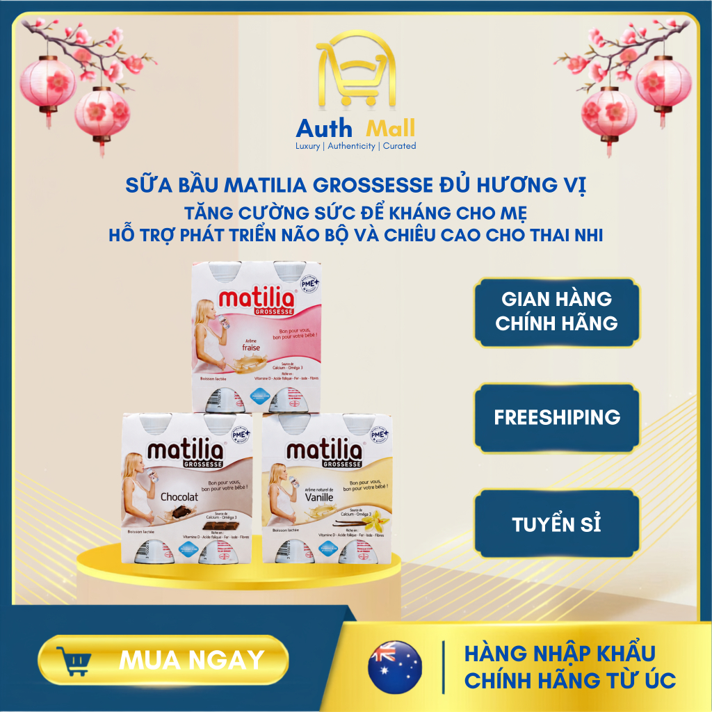 Sữa bầu Matilia hương vị Socola/Dâu/Vani 200ml lốc 4 chai