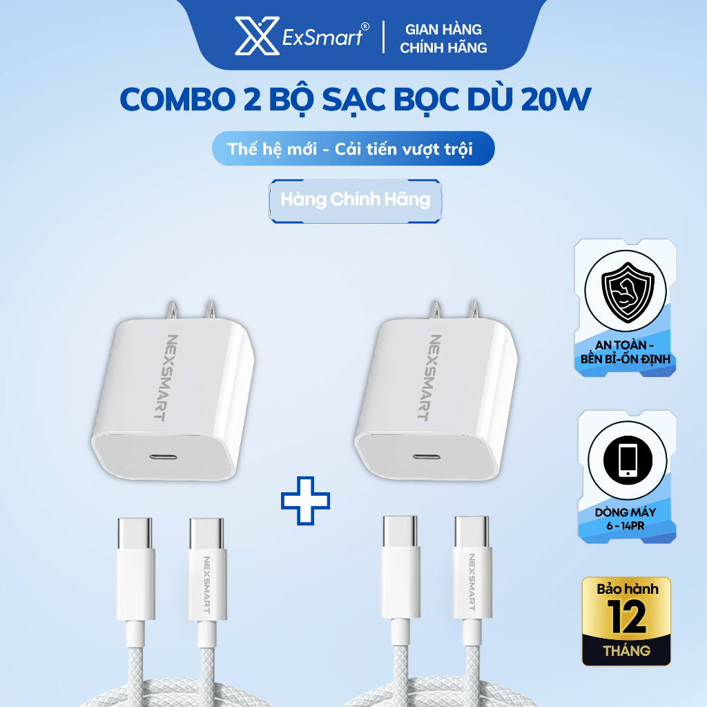 Combo 2 Bộ Sạc Nhanh Type C 20W 30W Exsmart Dây Bọc Dù Tự Ngắt Khi Sạc Đầy Chống Gãy An Toàn Sạc Qua