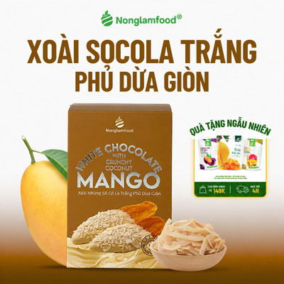 Xoài Sấy Dẻo Nhúng Socola Trắng Phủ Dừa Giòn NONGLAMFOOD Trái Cây Sấy, Đồ Ăn Vặt Hộp 120g