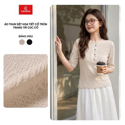 Áo thun nữ CARDINA chất liệu thun dệt họa tiết cổ tròn trang trí cúc cổ 6ATC45